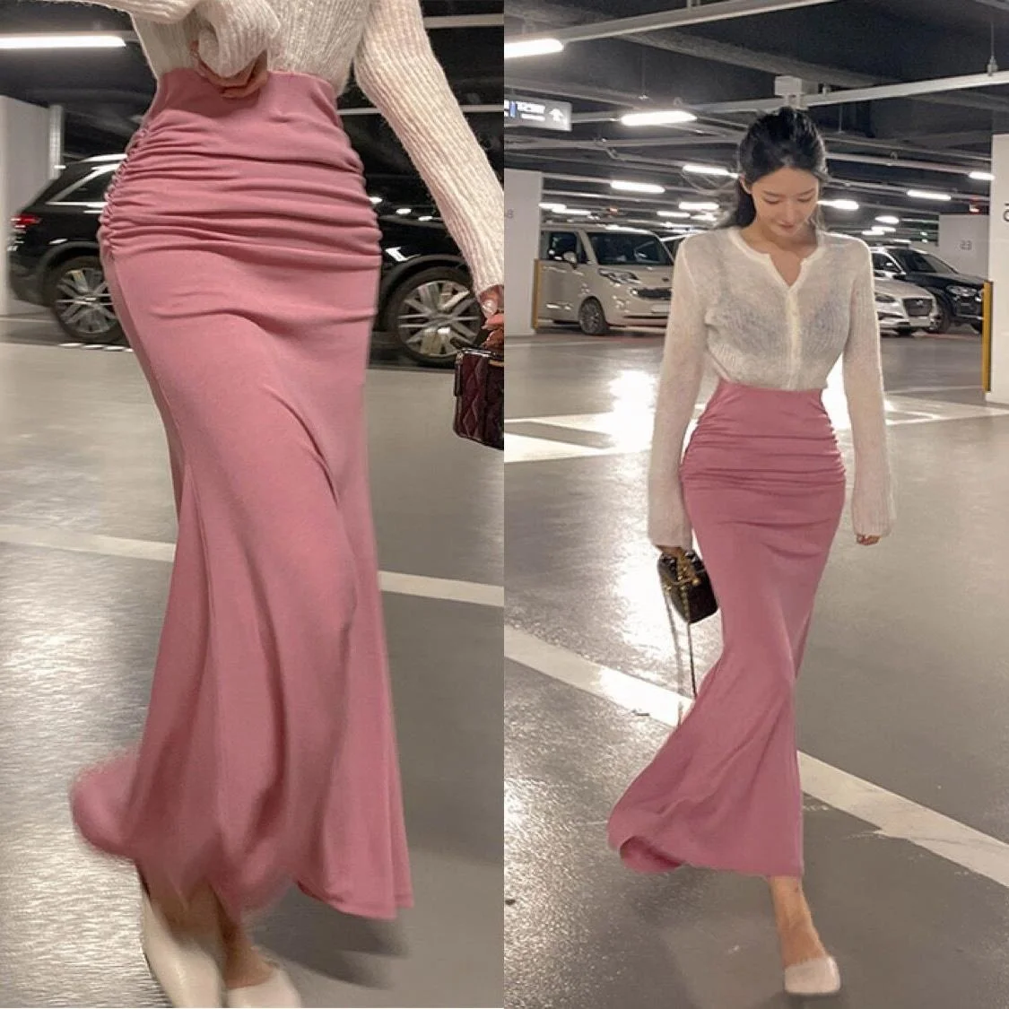 

7Studio Осенняя юбка Кармен Slim Fit Pleated Fi Tail с высокой талией в Корейском стиле для поездок на работу из ПВХ Материал Ci Walk Batwing pe