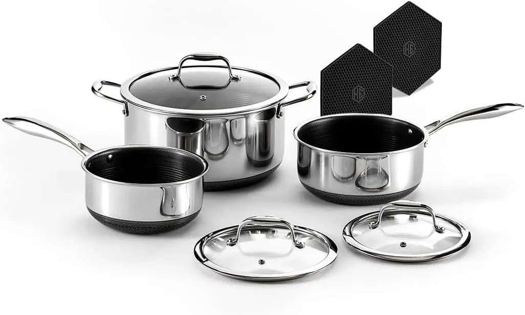 

XCYHexClad Hybrid Nonstick 6-Piece Pot Set with Trivets, 2, 3, and 8-Quart Pots with Tempered Glass Lids, 2 Silicone Trivets