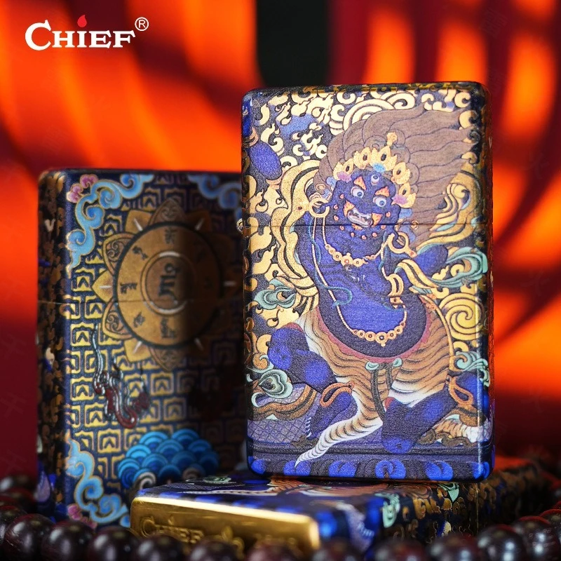 Ultra Thin CHIEF God of Wealth Kerosine Lighter with Color Print Classic Grinding Wheel Ignition Fashion Trend 5-Sided Design