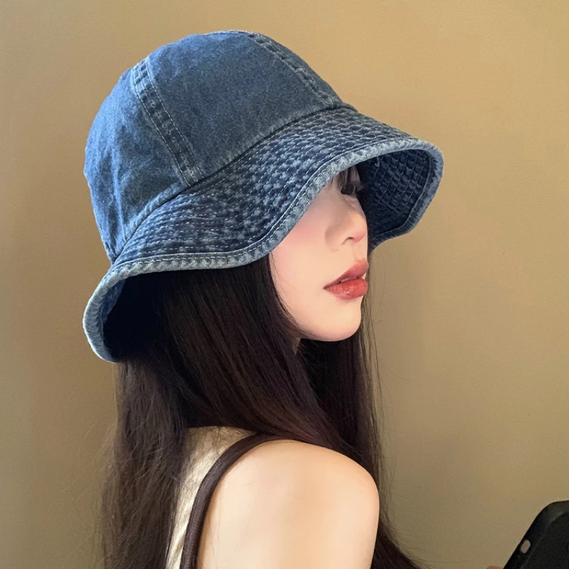 Retro Harajuku Style Denim Bucket Hats for Women Spring and Summer Travel Versatile Fashion Sunscreen Dome Basin Caps Men