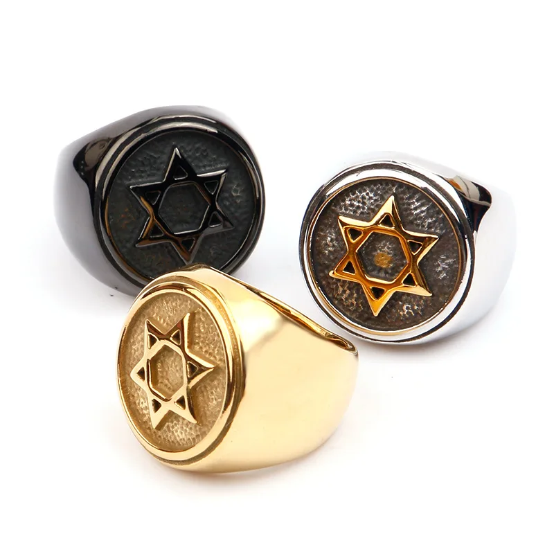 Jewish Star of David Male Ring Punk Rock Stainless Steel Hexagon Rings for Men Retro Jewelry Size 7-13