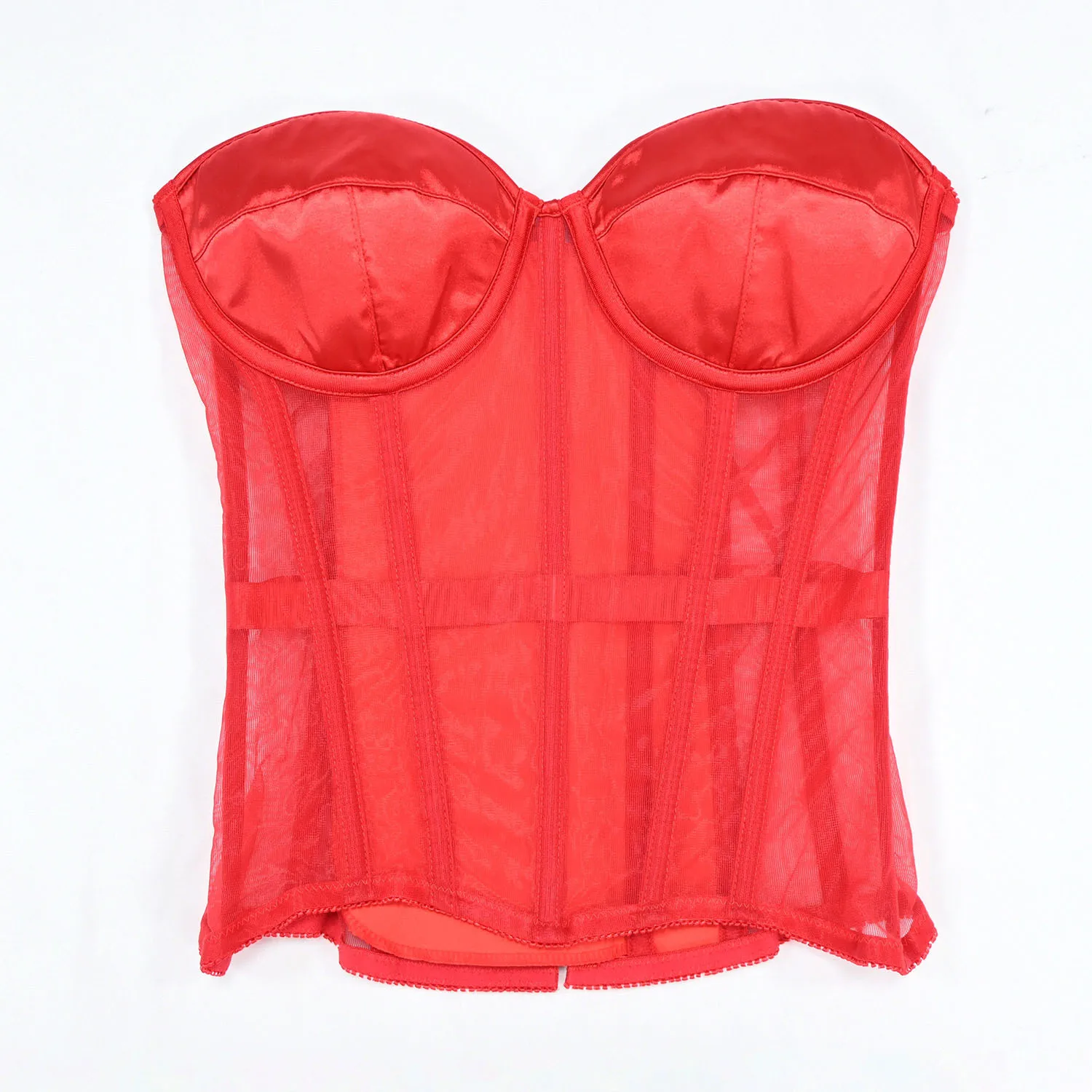 Damen Satin-Korsett mit Mesh-Einsätzen im viktorianischen Stil, Top mit BH, Sweetheart-Ausschnitt, Stahlkorsett-Taillenformer – Detail 7