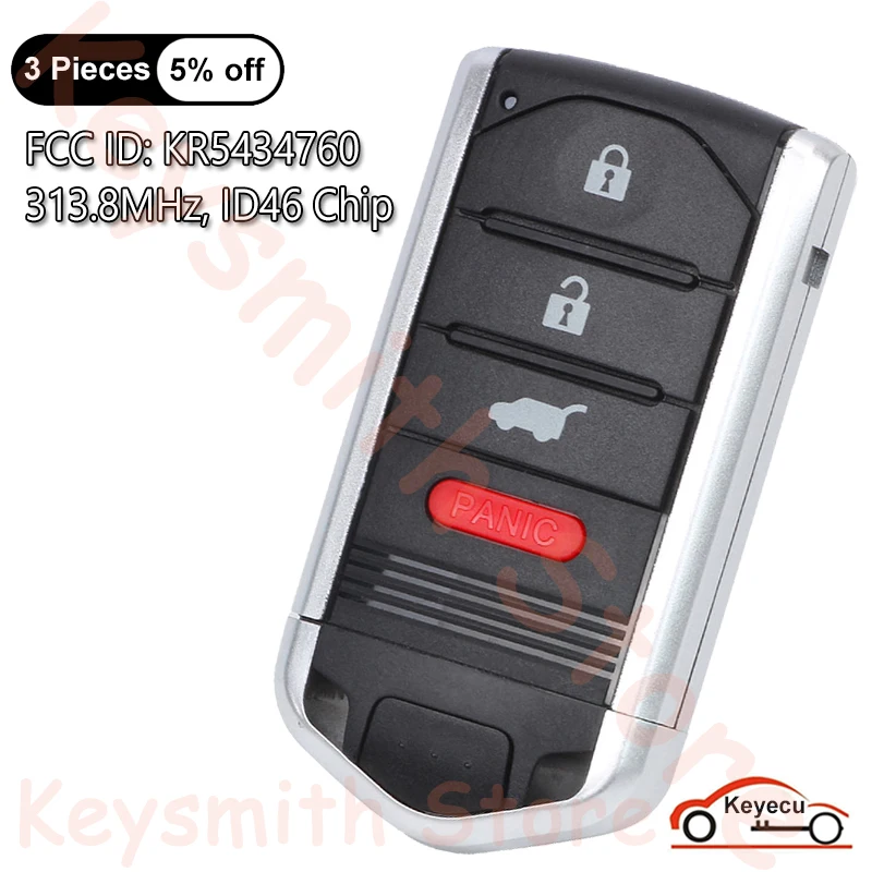 

KEYECU 4 Buttons 313.8MHz ID46 Chip for Acura RDX 2013 2014 2015 Smart Remote Car Key Fob FCC ID: KR5434760 P/N: 72147-TX4-A01