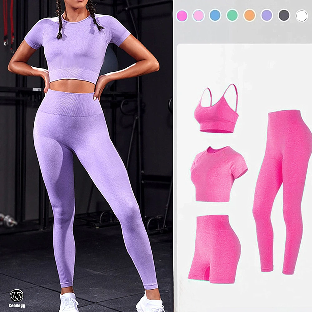 QK Seamless Women Yoga Set Short Sleeve Crop Top Tshirt Bra Squat Proof Leggings Sports Workout Outfit Fitness Wear ActiveSuit