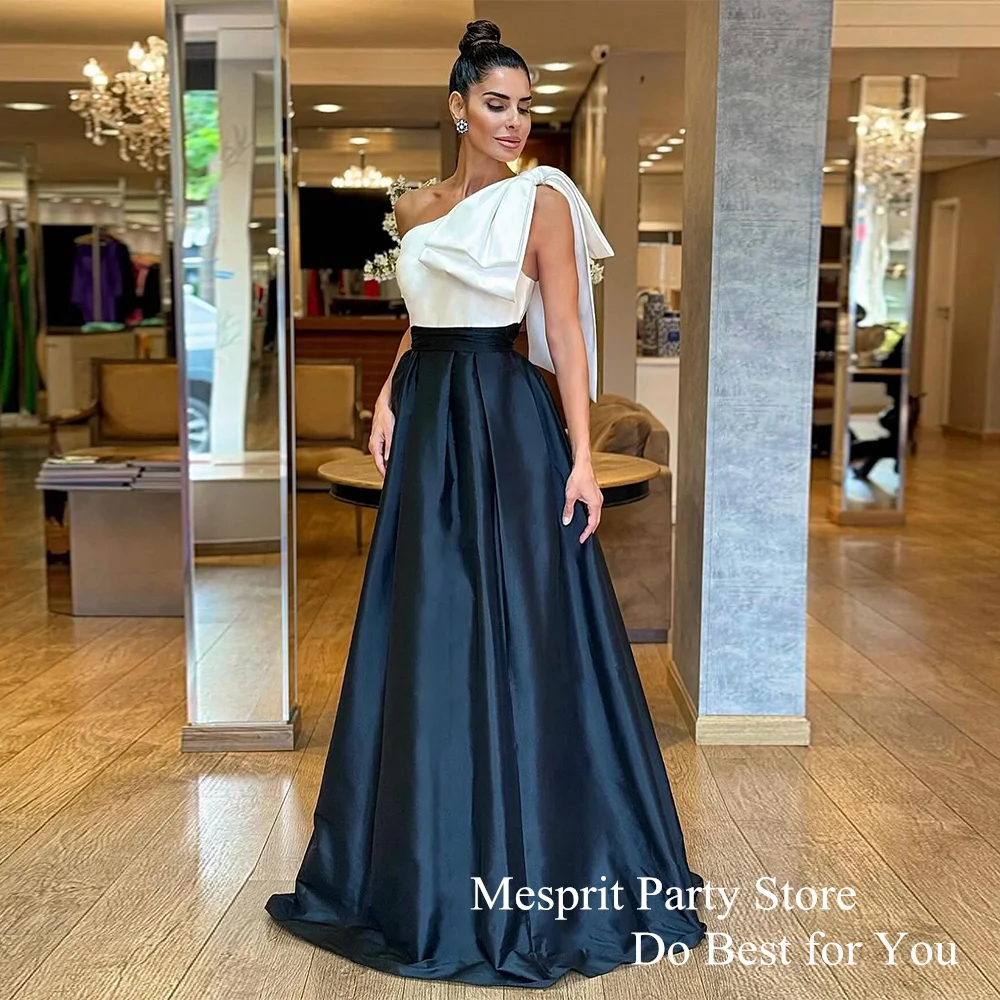 

2024 Ivory Black Prom Dress Saud Arabic Evening Dresses One Shoulder Sleeveless Big Bow Satin A Line Formal Party Gown Pocket
