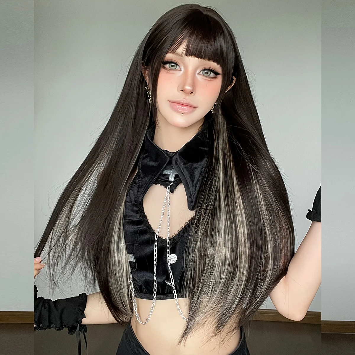 

Long Straight White Highlight Black Wigs for Women Daily Party Use High Density Synthetic Highlight Beige Wig with Bangs