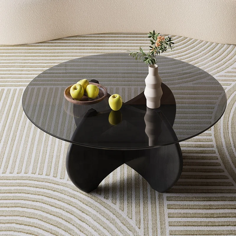 

#Modern Italian living room Nordic coffee table glass wooden feet round side table combination household hotel table