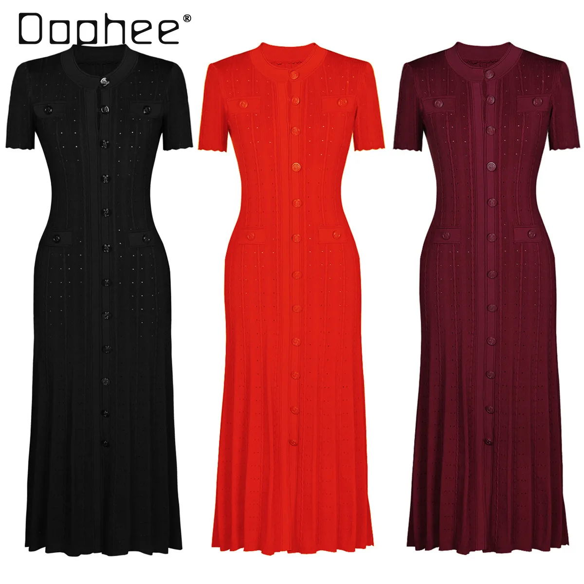 

European American Spring Summer Fashion Knitted Round Neck Slim Short-sleeved Dress High-end Solid Color Versatile Long Dress