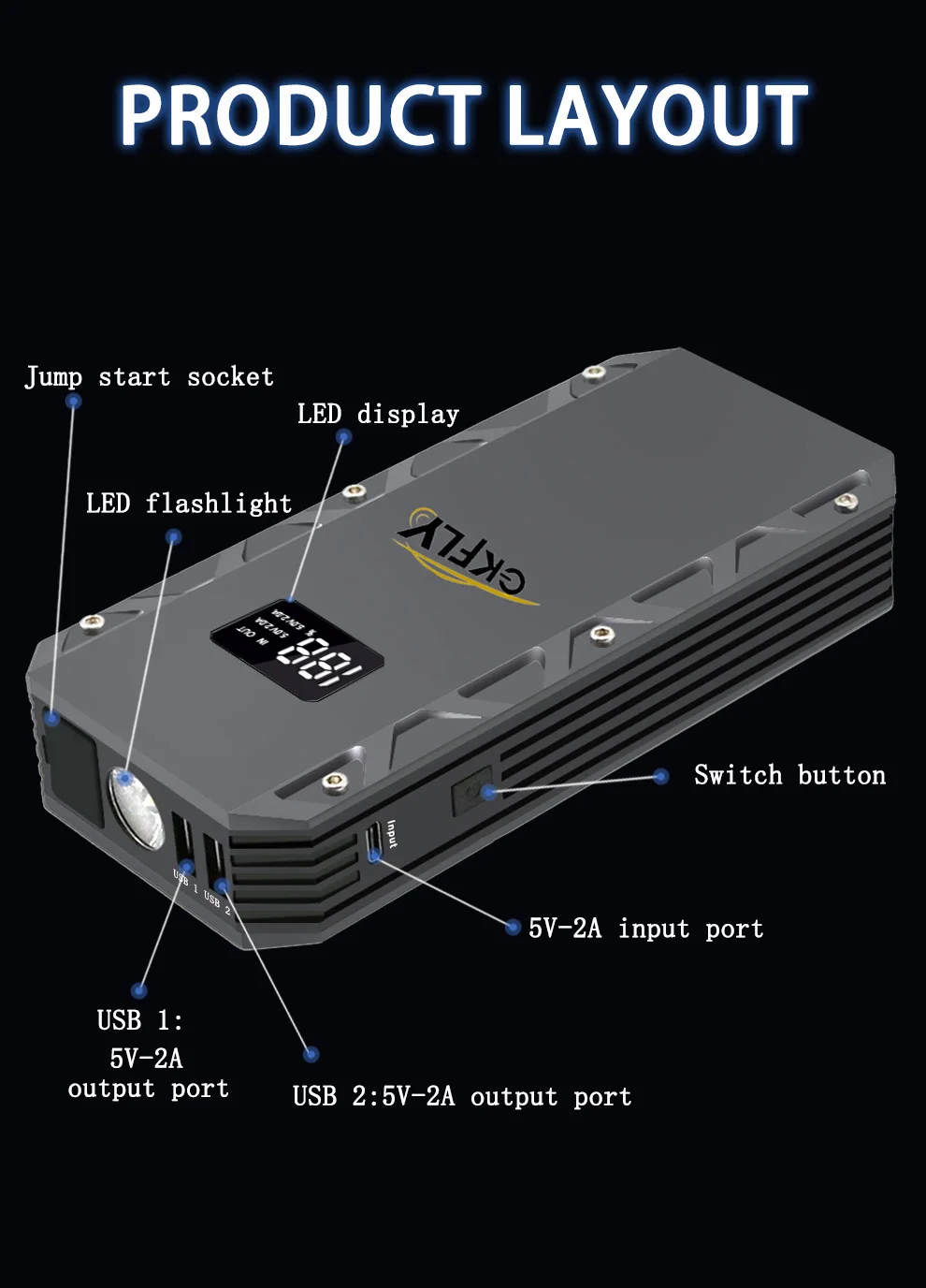 GKFLY Auto Starthilfe 3000A/5000A/6000A Start Gerät Power Bank Auto Batterie Booster Ladegerät Für Benzin diesel Auto Starter – Detail 4
