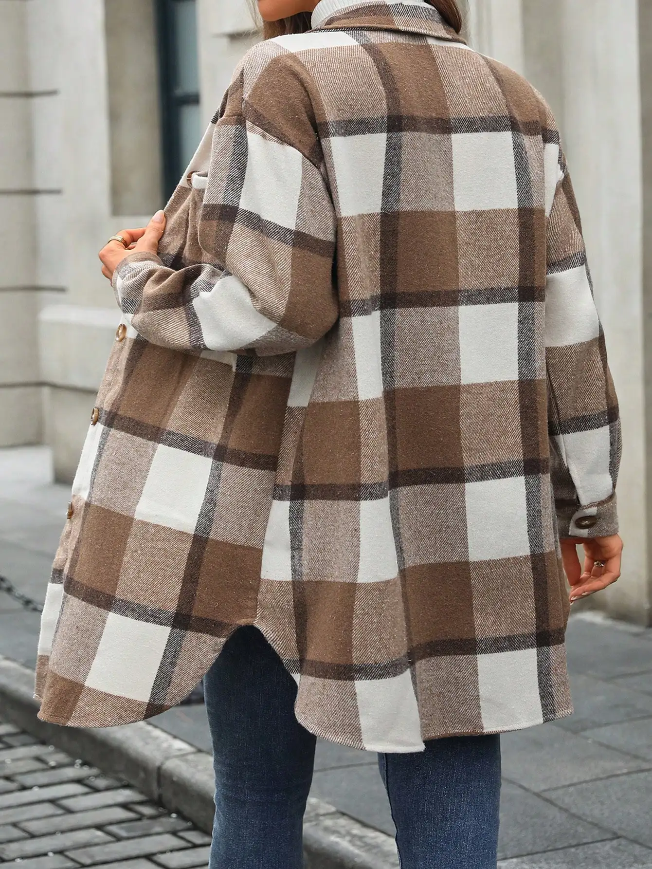 Chaqueta informal de moda cómoda con bolsillo en el pecho, larga, holgada, a cuadros, de manga larga, con botonadura, Otoño/Invierno Otoño