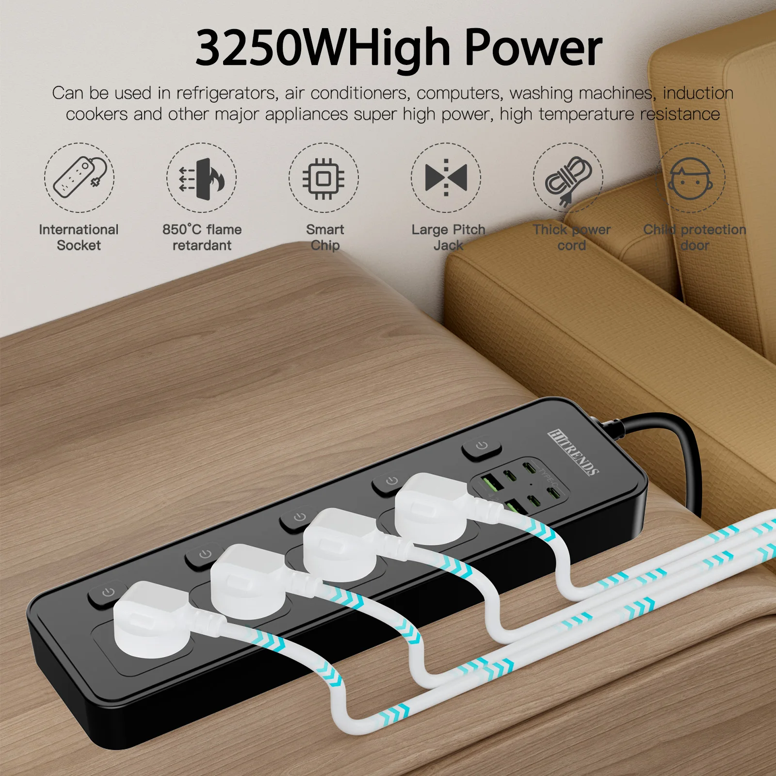 HITRENDS AU Plug Power Strip with individual switch 4AC 6 USB port for Australia Outlet, 2M Extension Cord for Home