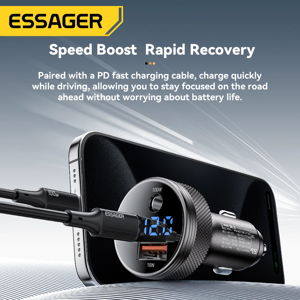 Ładowarka samochodowa Essager 150W USB do Xiaomi iPhone Samsung Laptopy Tablety PD 3.0 Szybkie Ładowanie USB Typ C Cyfrowy Wyświetlacz Ładowarka Samochodowa — zdjęcie produktu 5