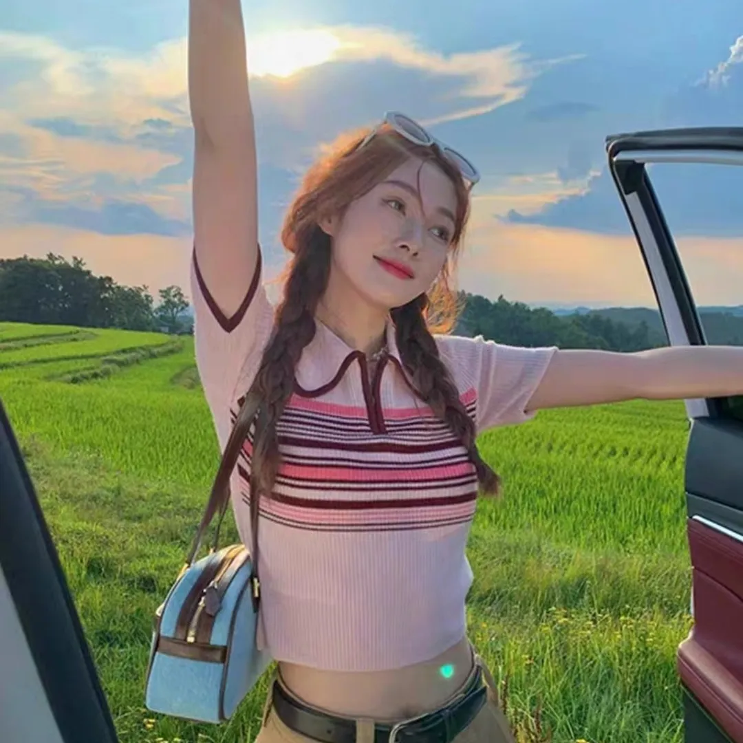 Amerikaanse retro oulderlengte ort Sve dames T-shirt zomer nieuwe kleine maat Hong Kong Sle chique roze top