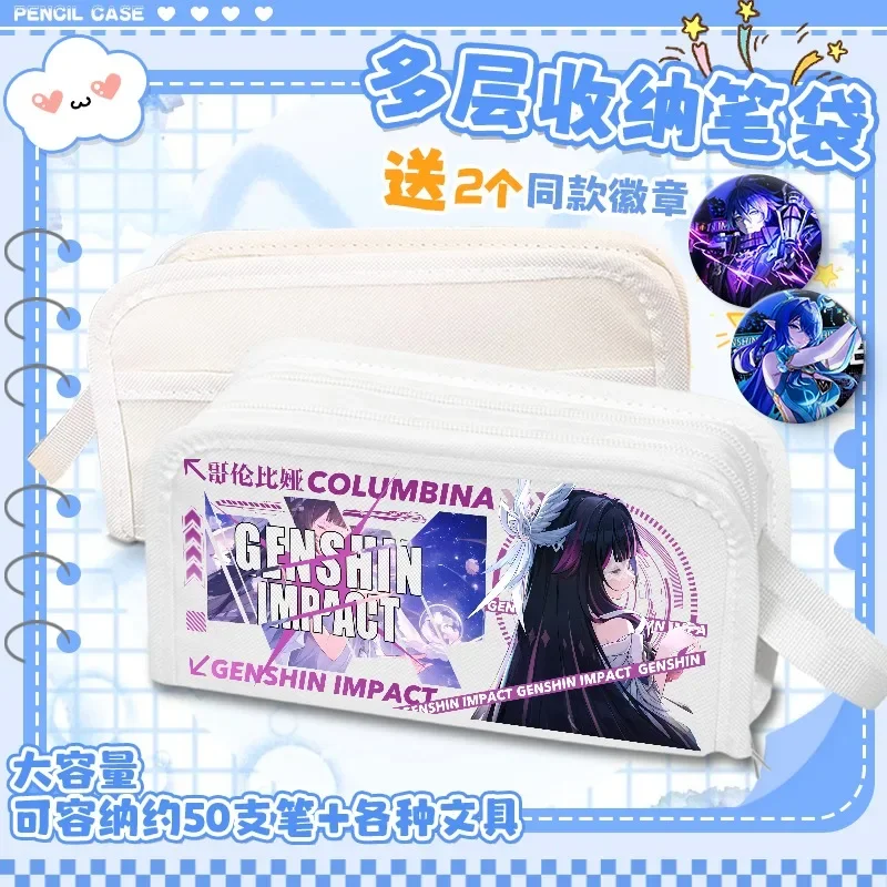 Anime Genshin Impact Flins Lauma Aino Durin Nicole Reeyn Nefer Varka Columbina Oxford doble capa cremallera Flip lápiz estuche