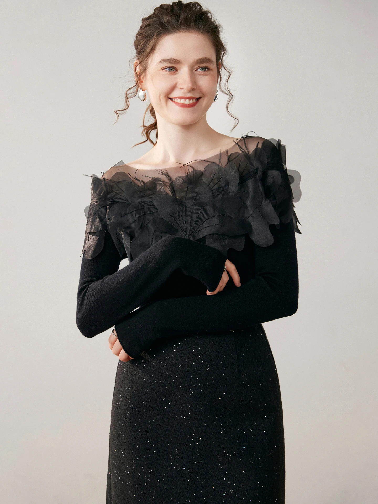 Elegant  Autumn Winter 100% Woman Cashmere Sweater Pullover Knitwear Off Shoulder Knit Top 3D Petal Feather Tulle Decor CLothes