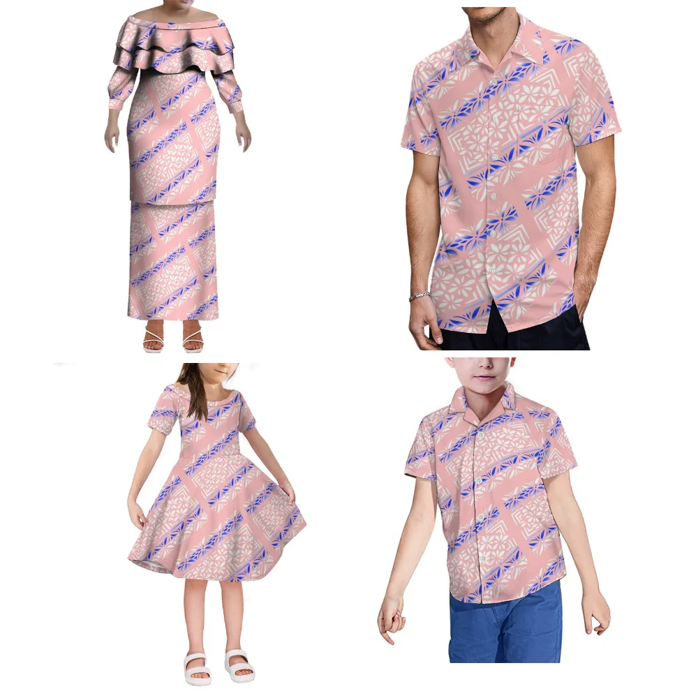 Set famiglia Monospalla a maniche corte Puletasi Set in due pezzi Abito da ragazza e top da ragazzo Camicia da uomo abbinata polinesiana