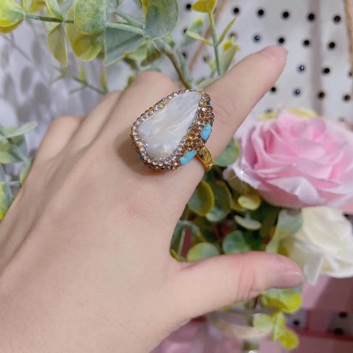 

Baroque natural turquoise handmade natural pearl aesthetic design turquoise ring