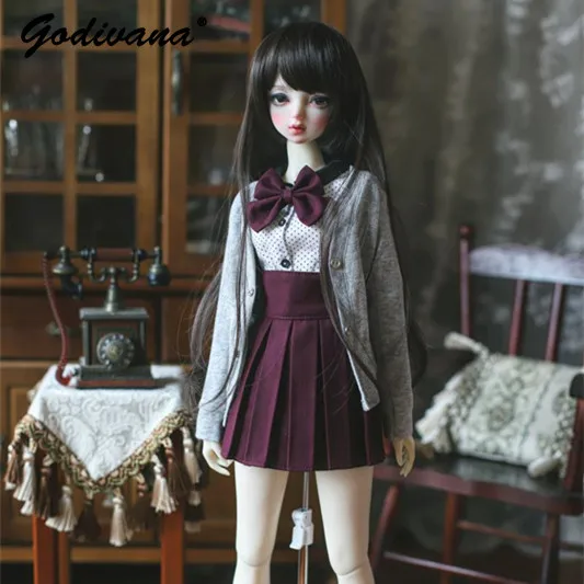 1/3 Bjd Doll Clothes Sweet Preppy Cardigan and Polka Dot Shirt with Suspender Pleated Skirt Socks School Uniform Doll Outfit - view 3