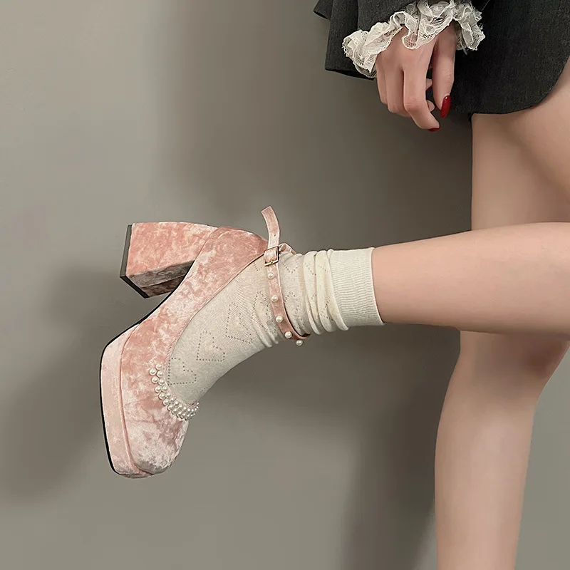 Luxury Vintage Women High Heels 2024 New Suede Pearl Thick Heel Mary Jane Shoes Square Toe Buckle Strap Womens Shoes Pink Pumps