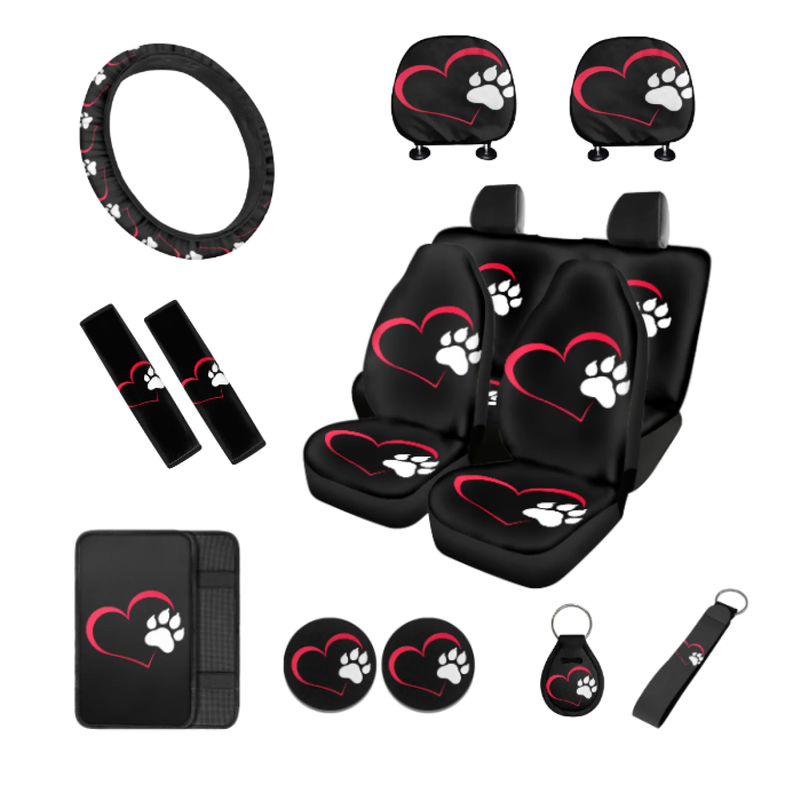 Coloranimal Heart Paw Print 14 Pcs Car Interior Set, Full Seat Covers, Steering Wheel Cover, Belt Pads, Cup Mats, Armrest Pad,