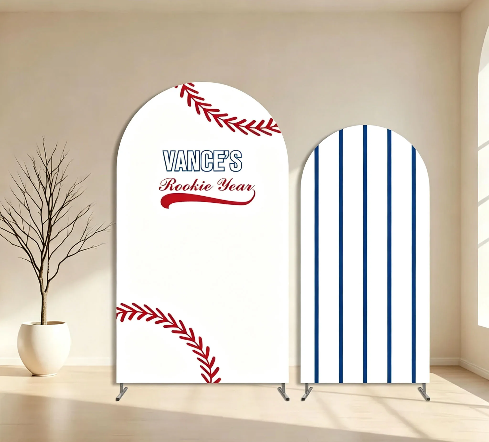 Custom 2-Side Rookie of the Year Boy Baby Shower Arch Backdrop Covers Baseball Blue Stripes Birthday Party Decor Backdrop Photo