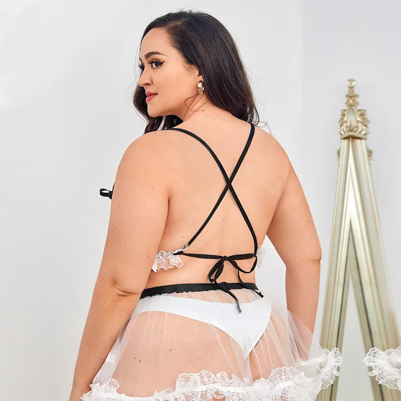 Plus Size Lingerie Set for Women Sexy Valentines Lingerie Mesh Lace Mini Skirt with Thong Set 3 Pieces Beach Wear Bikini