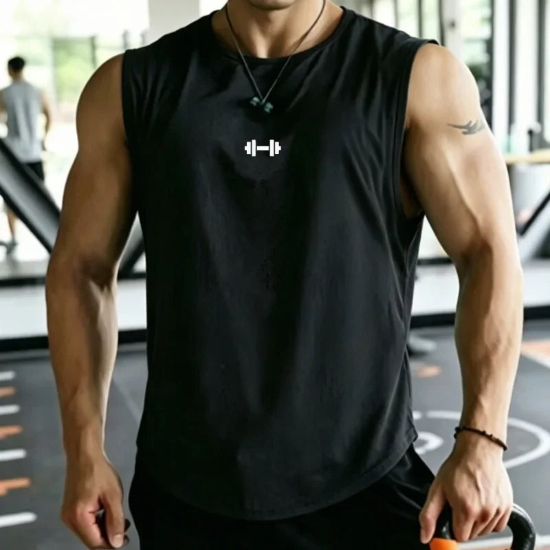 Men mesh Quick Dry running Tank Top Print Sleeveless T-shirt Breathable Loose Sports tops round collar gym vest men undershirt