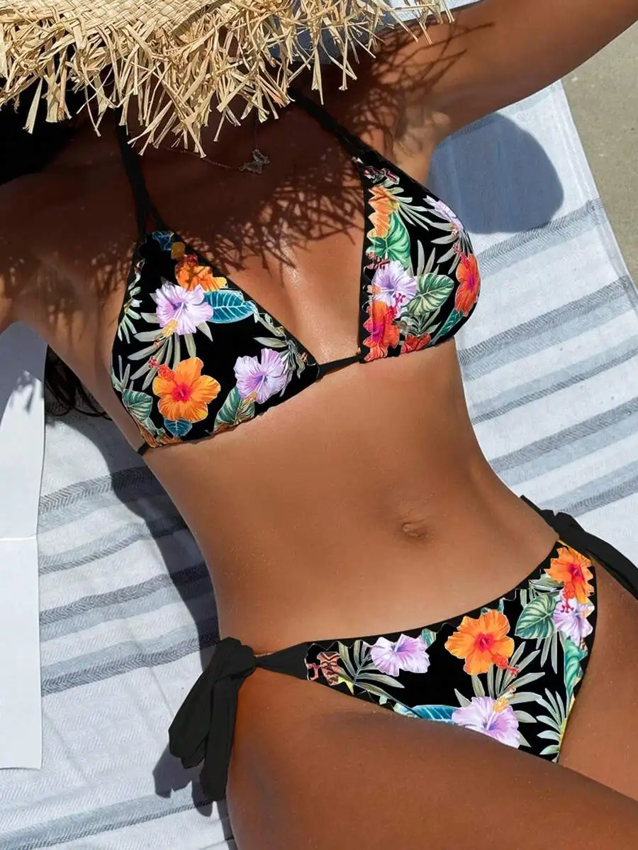 

Womens Floral Print Bikini Set Triangle Top High Waist Bottom Summer Beach Swimwear