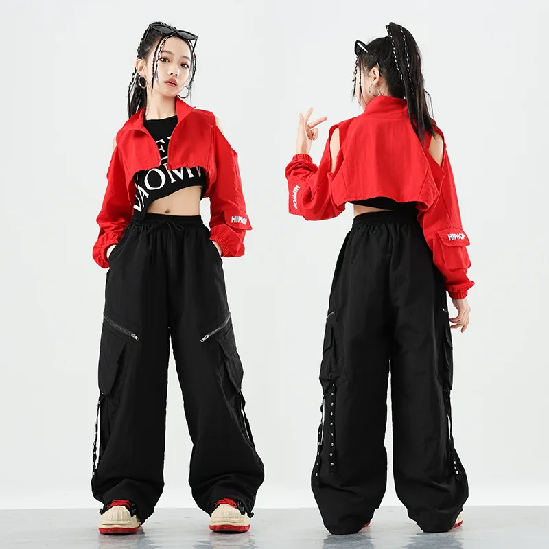 Conjuntos de ropa de baile de Jazz para niñas, trajes de Hip Hop, Tops cortos rojos Kpop, pantalones negros, ropa de calle moderna, ropa para actuación en escenario de grupo