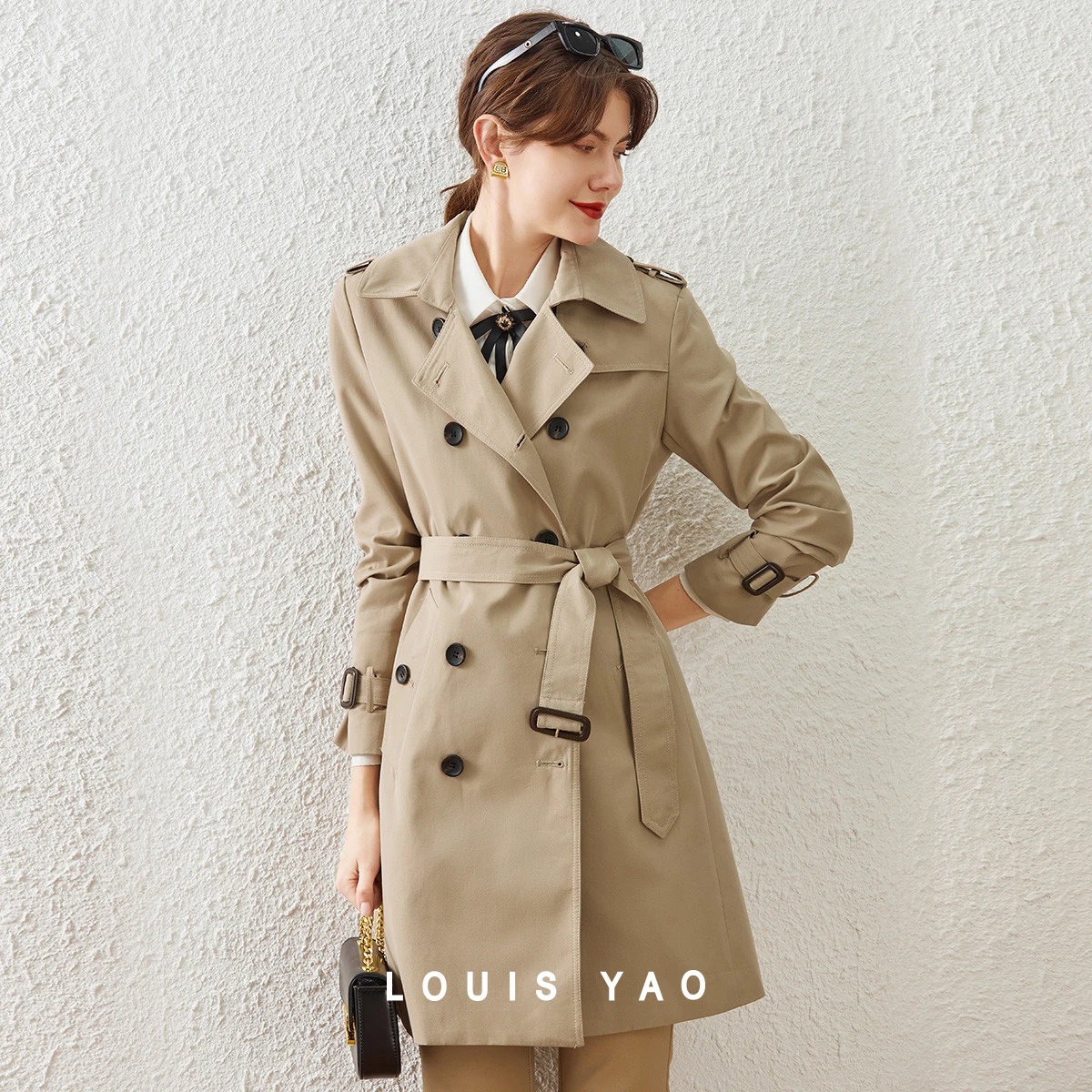 LOUIS YAO British Mid Length Trench Coat 2026 Double Breasted Women's Jackets Removable Belt Notched Lapel Trench