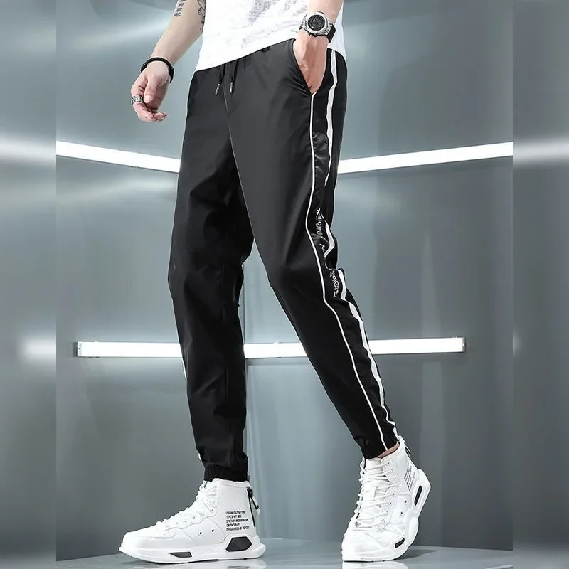 Spring Summer Harajuku Elastic Waist Quick Drying Stripe Casual Baggy Sport Running Work Trousers Man Casual Jogger Sweatpants