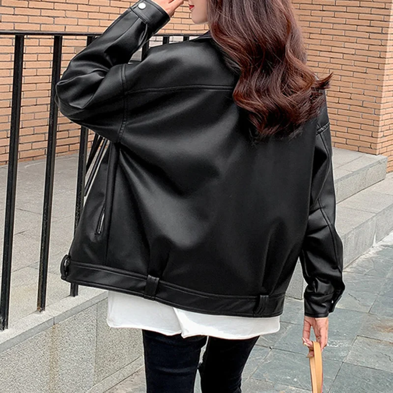 Loose Leather Jacket Women Casual PU Loose Motorcycle Jackets Female Streetwear Oversized Beige Pu Coat Korean Chic New Spring