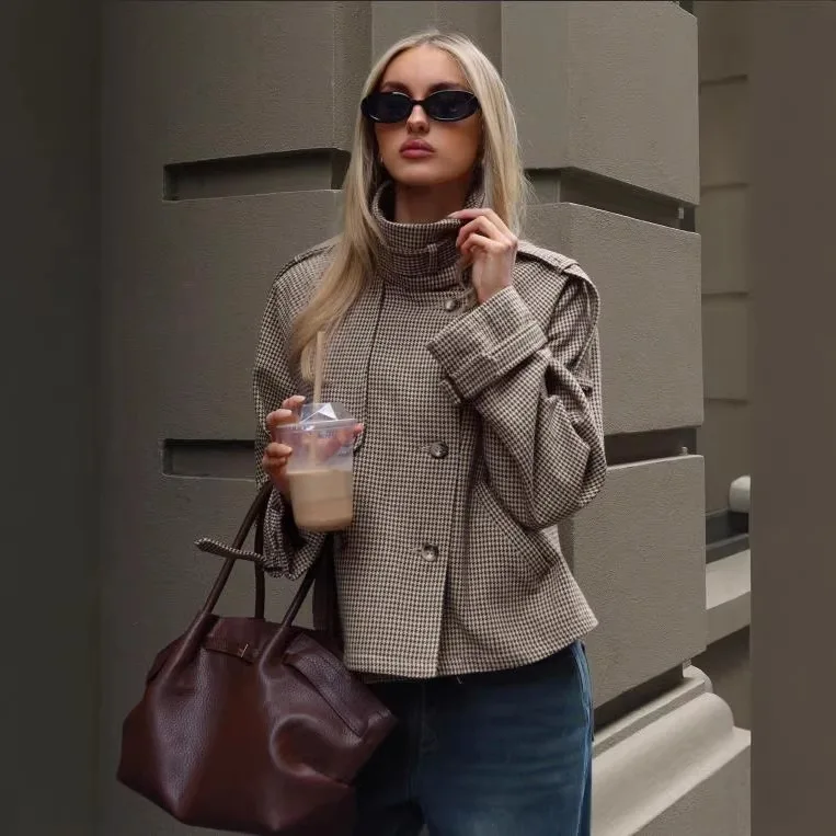 Women's loose casual thousand birds plaid coat coat European and American elegant women