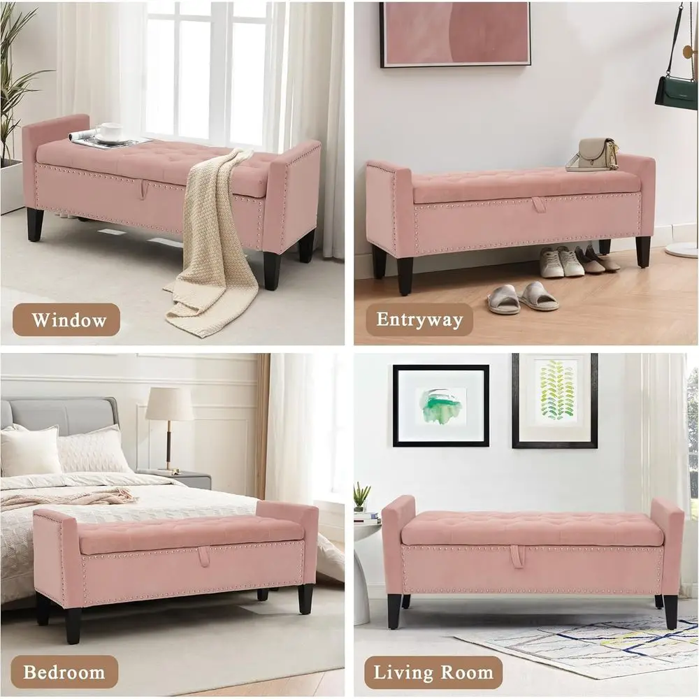 Pink Velvet Storage Ottoman with Button-Tufted Upholstered End of Bed Bench for Living Room, Bedroom, or Entryway view 6