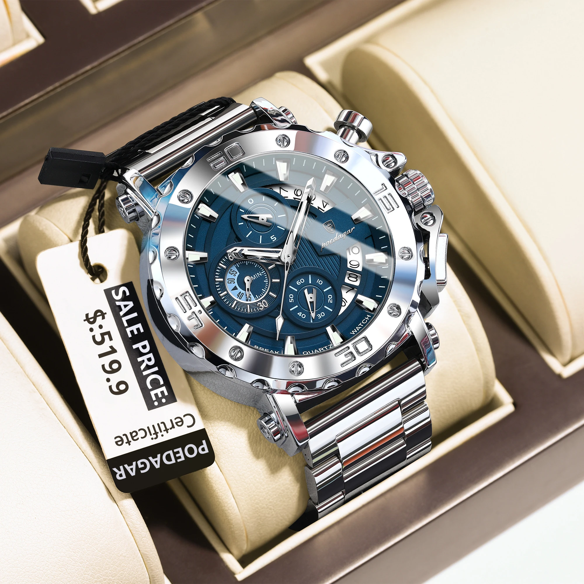 Estudiante de negocios de alta gama, versión coreana, reloj de moda para hombre, calendario luminoso resistente al agua, reloj de cuarzo con sincronización de acero inoxidable