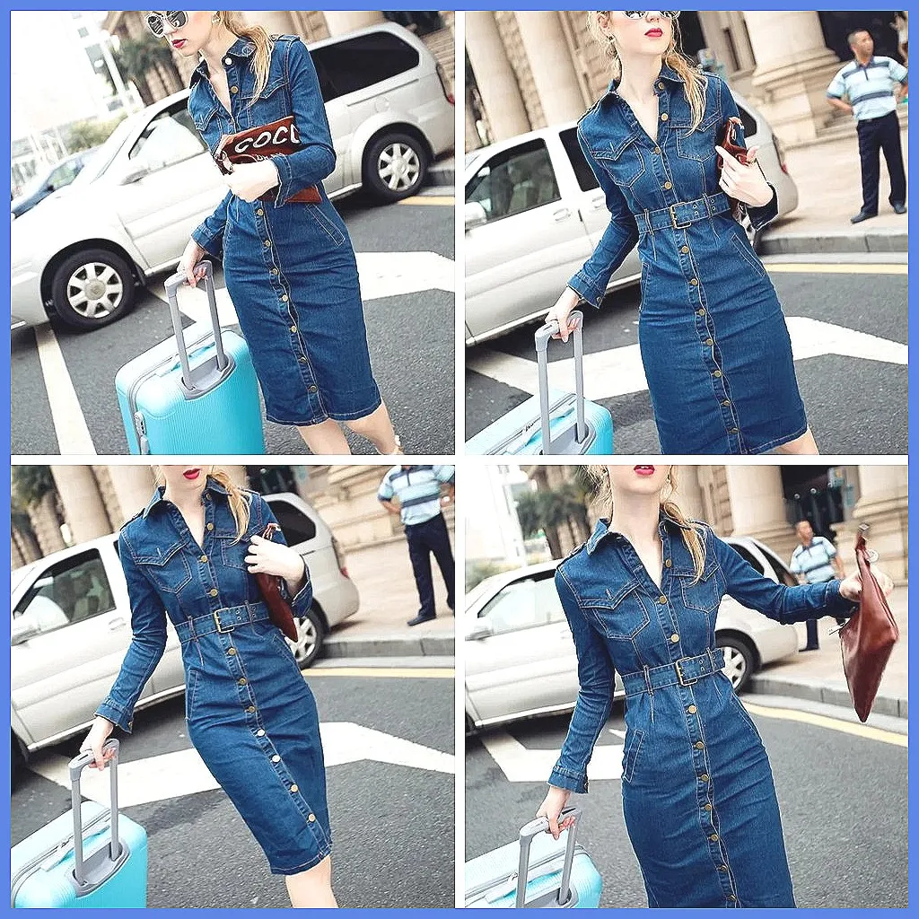 

Elegant Women's Denim Shirt Dress with Belt, Long Sleeve Lapel Neck Casual Home Holiday Dress 2026