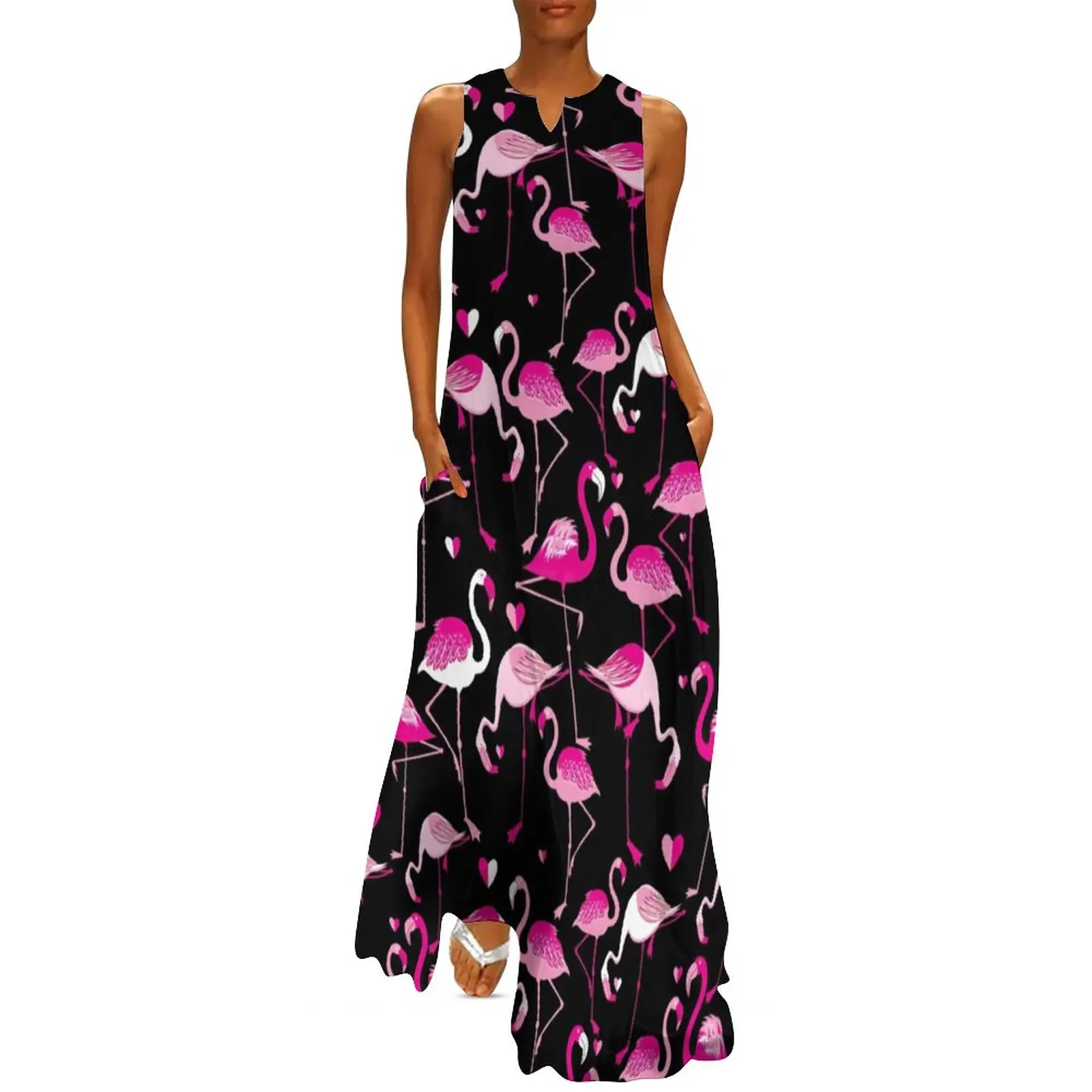 Flamingo Heart Dress Bird Print Cute Maxi Dress Streetwear Casual Long Dresses Female V Neck Custom Big Size Vestidos