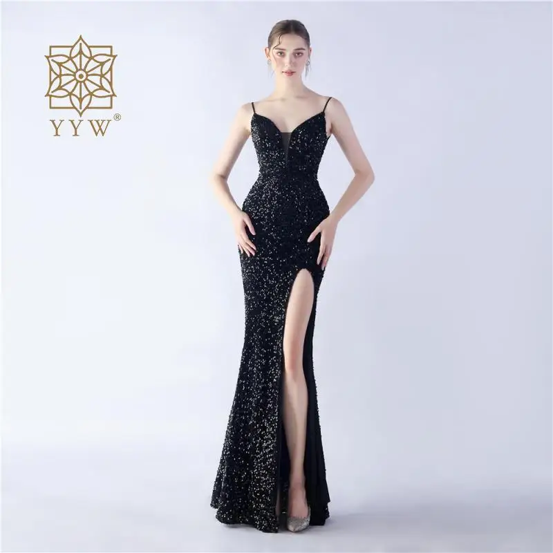 Pink Women Maxi Dress Evening Strap Sling Sexy Mermaid Ball Gown Female Deep V Sequins Glitter Backless Robe Gold Shiny Vestidos