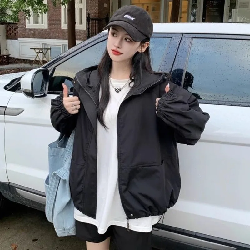 Hooded Oversize Jackets Women 2024 Autumn BF Style Outerwear Chic Harajuku Solid Korean Zipper Casual Windbreaker Jacket Coats