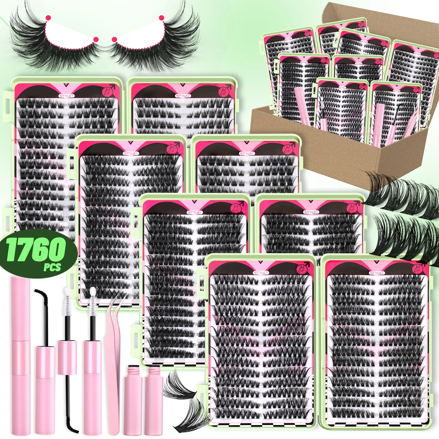 VELTRINAY Lashes Clusters Kit Cat Eyelashes 1760Pcs Bulk Packs with Bond&Seal Volume Lashes Clusters Wholesale Large Pack