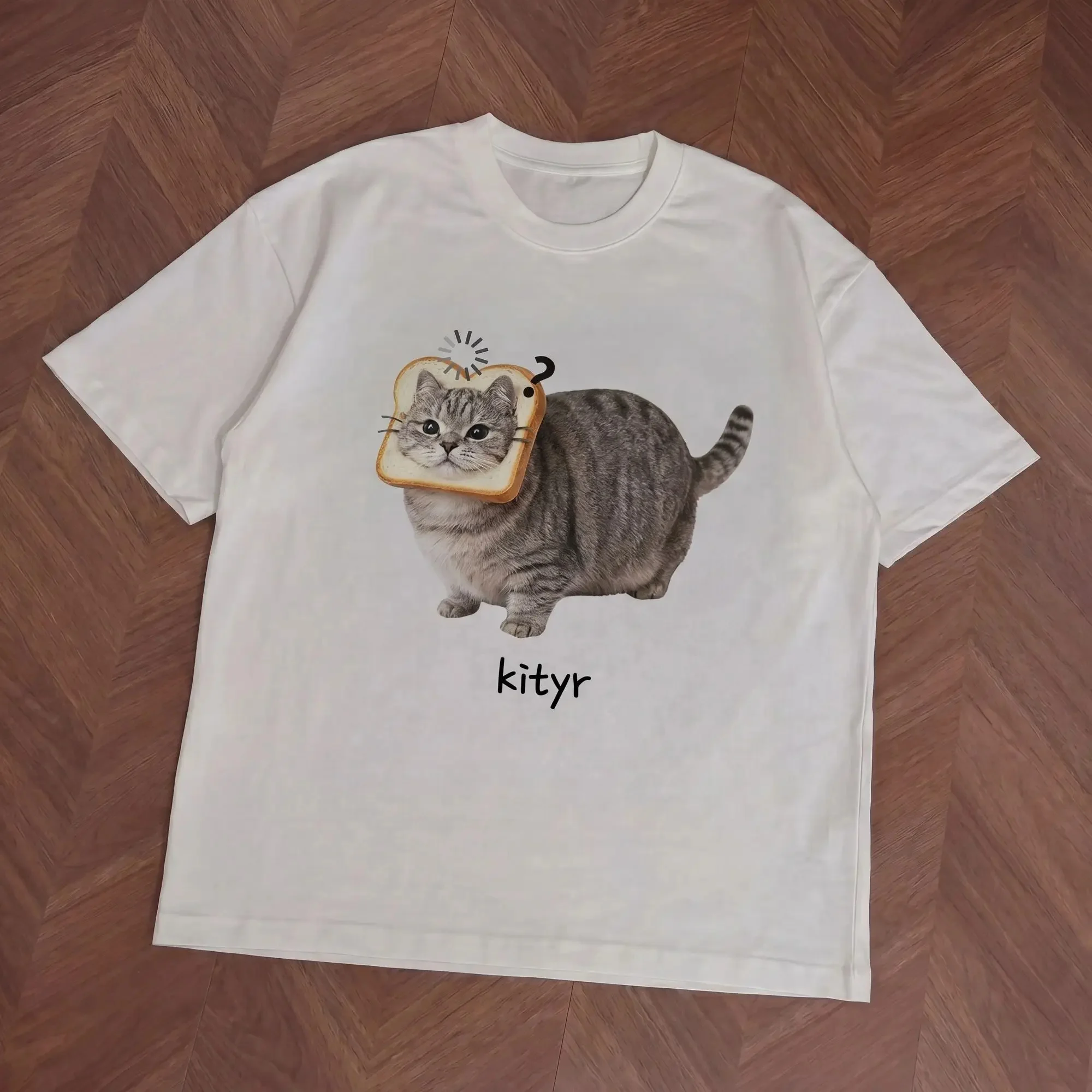 Funny Toast Bread Cat Print T Shirt Men Women Cute Chubby Kitten Graphic Casual Oversized Short Sleeve Tee