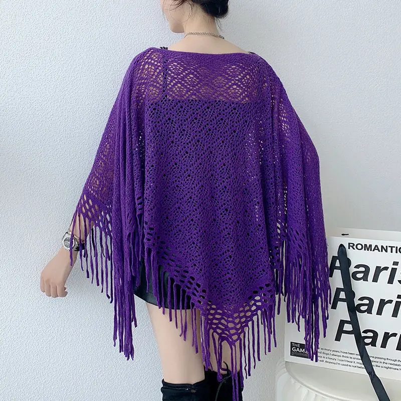 Fashion Boat Neck Hollow Out Knit Cotton Pullover Cape Wraps Women Autumn Summer Triangle Poncho Tassels Shawl Soft Comfort