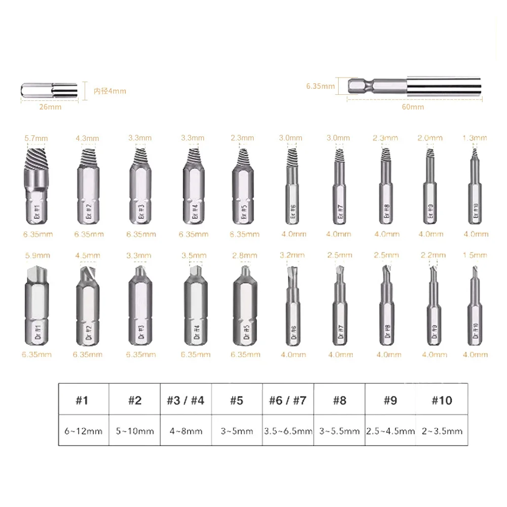 Damaged Screw Extractor Set Removal Tool Drill Bit Easy Out Disassemble Bolt Stud Slip Teeth Demolish Stripped Broken Remover