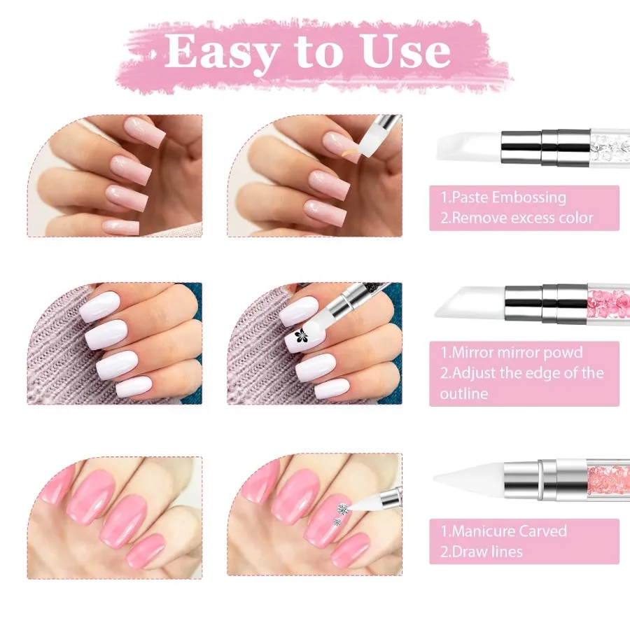 3 ชิ้นเล็บประติมากรรมปากกา Dual Tipped ซิลิโคนเล็บเครื่องมือซิลิโคนอะคริลิคแปรงเล็บ Rhinestone เล็บ C