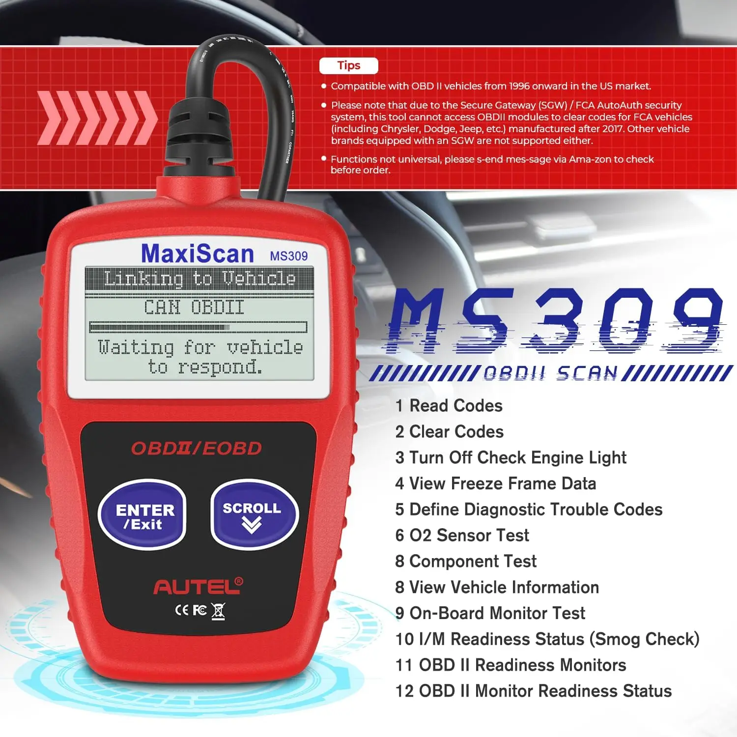 OBD2 Scanner MS309 Universal Car Fault Code Reader, Check Engine Light & Emission Monitor Tool