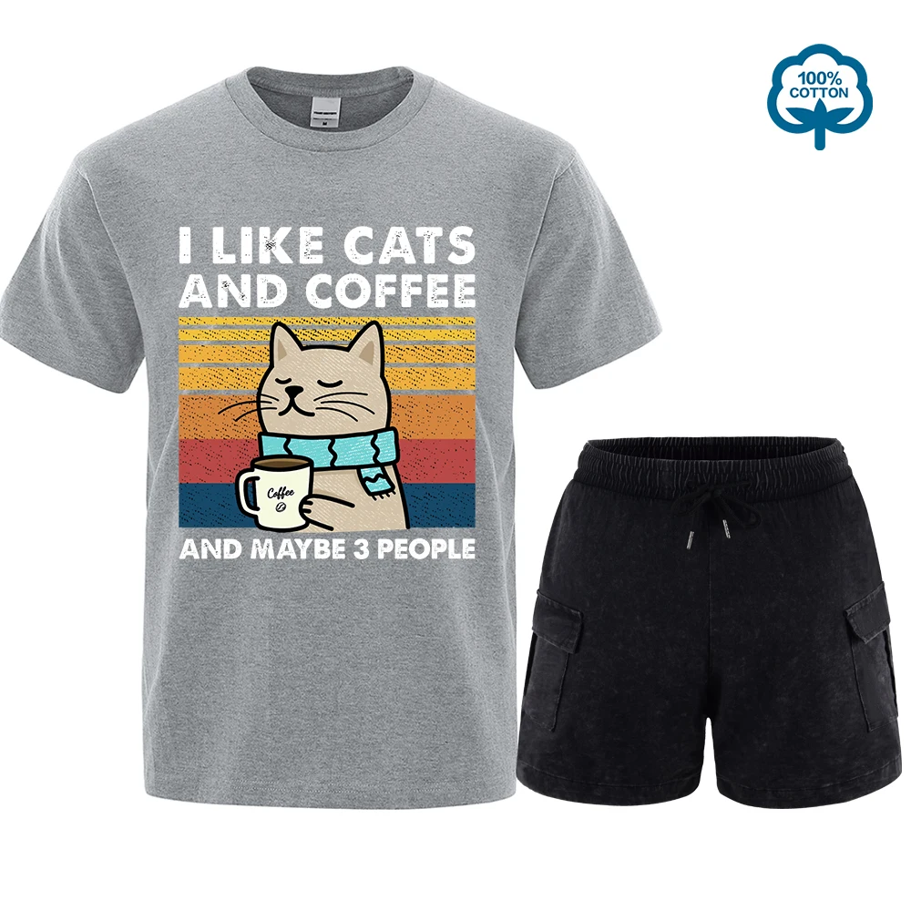 

Забавный комплект футболок «I Like Cats And Coffee Street», мужская модная повседневная свободная хлопковая одежда, дышащая футболка с круглым вырезом, футболки в стиле хип-хоп