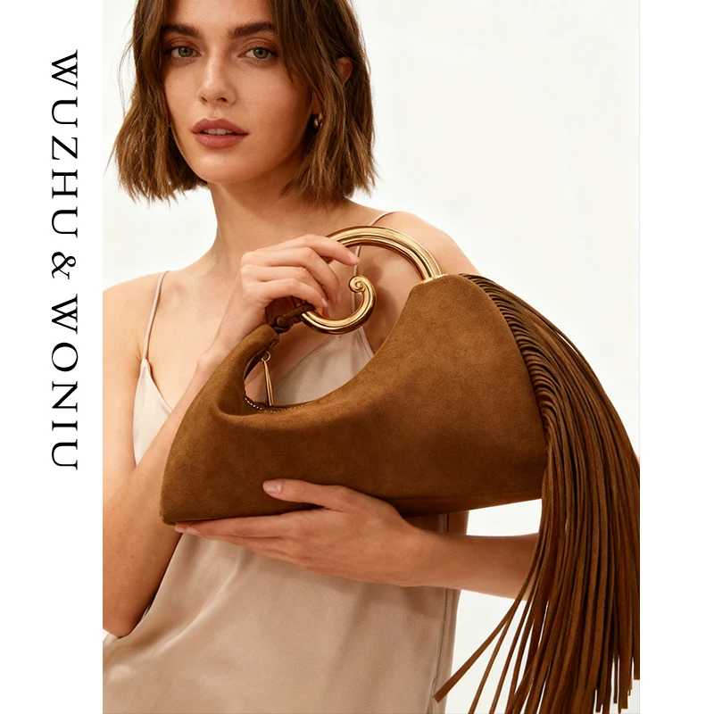 

Ele Tassel Handbag with Hook for Evening Parties Women's Luxury Faion Soft Polyester Winter Collection Youth