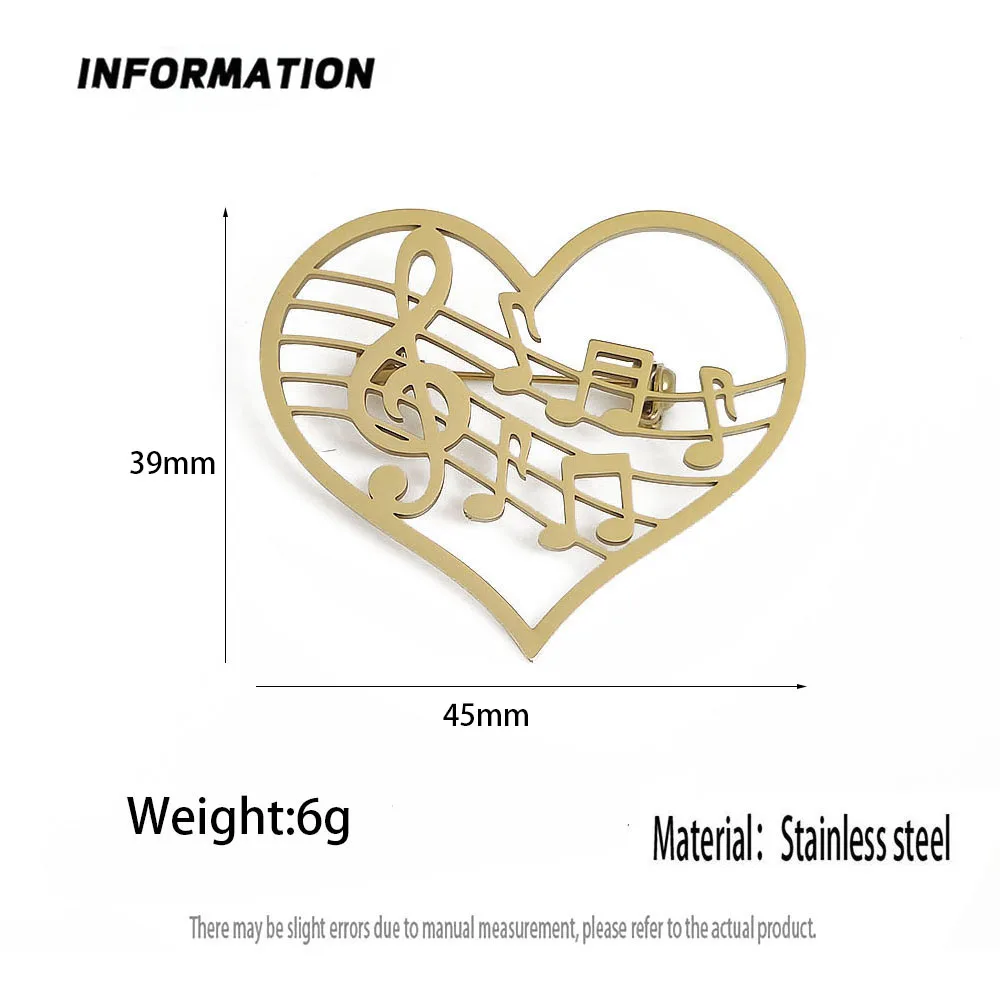 Music Note Heart BroochGold Tone 316L Stainless Steel Pin, Melody Themed Suit Lapel Badge