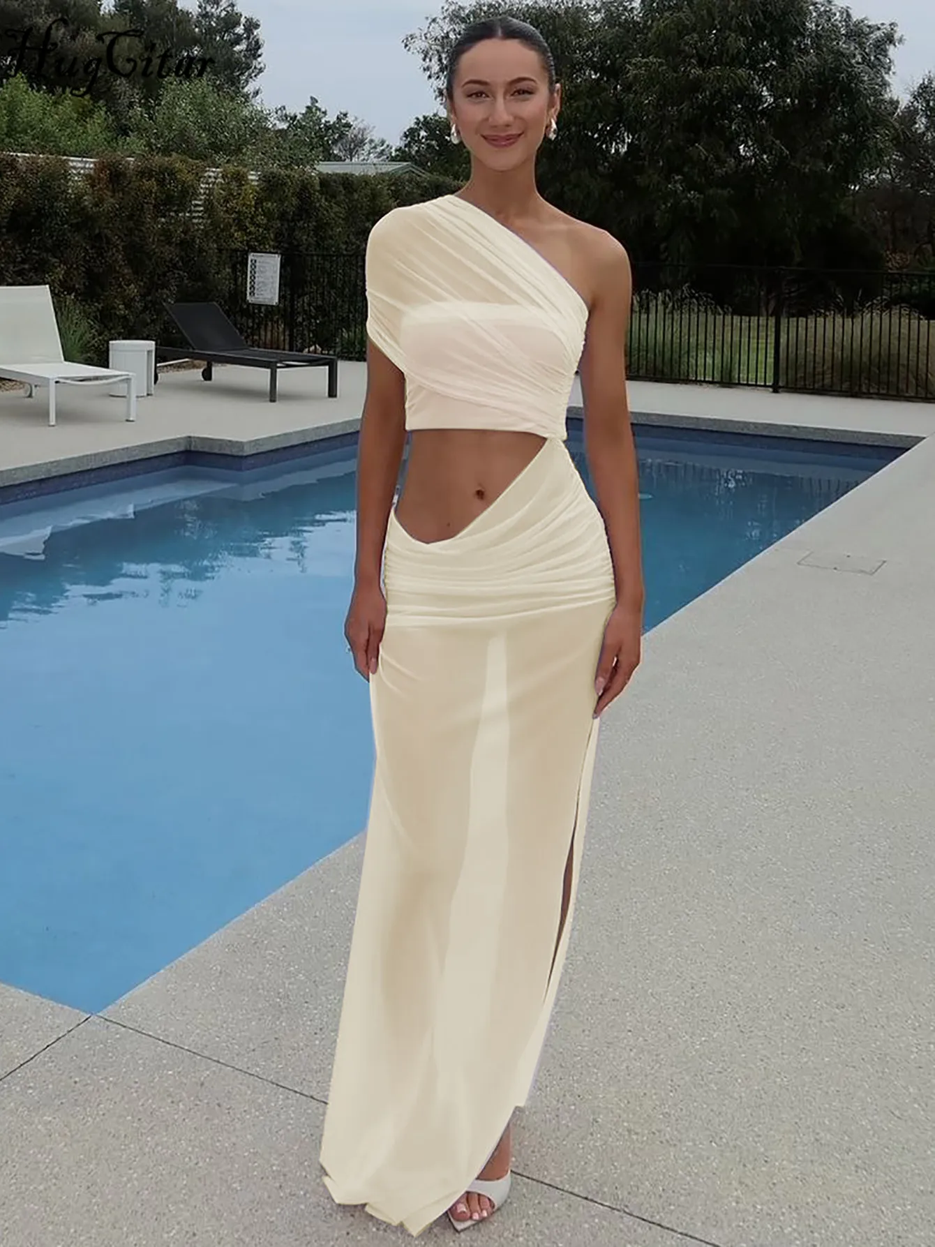 

Hugcitar модное однотонное лоскутное сетчатое платье на одно плечо с вырезами и рюшами и разрезом сексуальное платье макси прозрачное платье Y2K пляжный фестиваль