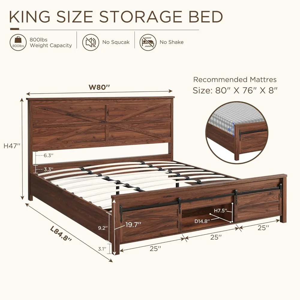 King Farmhouse Wood Bed Frame with Sliding Barn Door Storage Cabinets, Solid Wood Slats Support, Noiseless